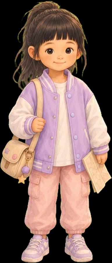 Dawny, a girl in a lavender jacket with a satchel and a map